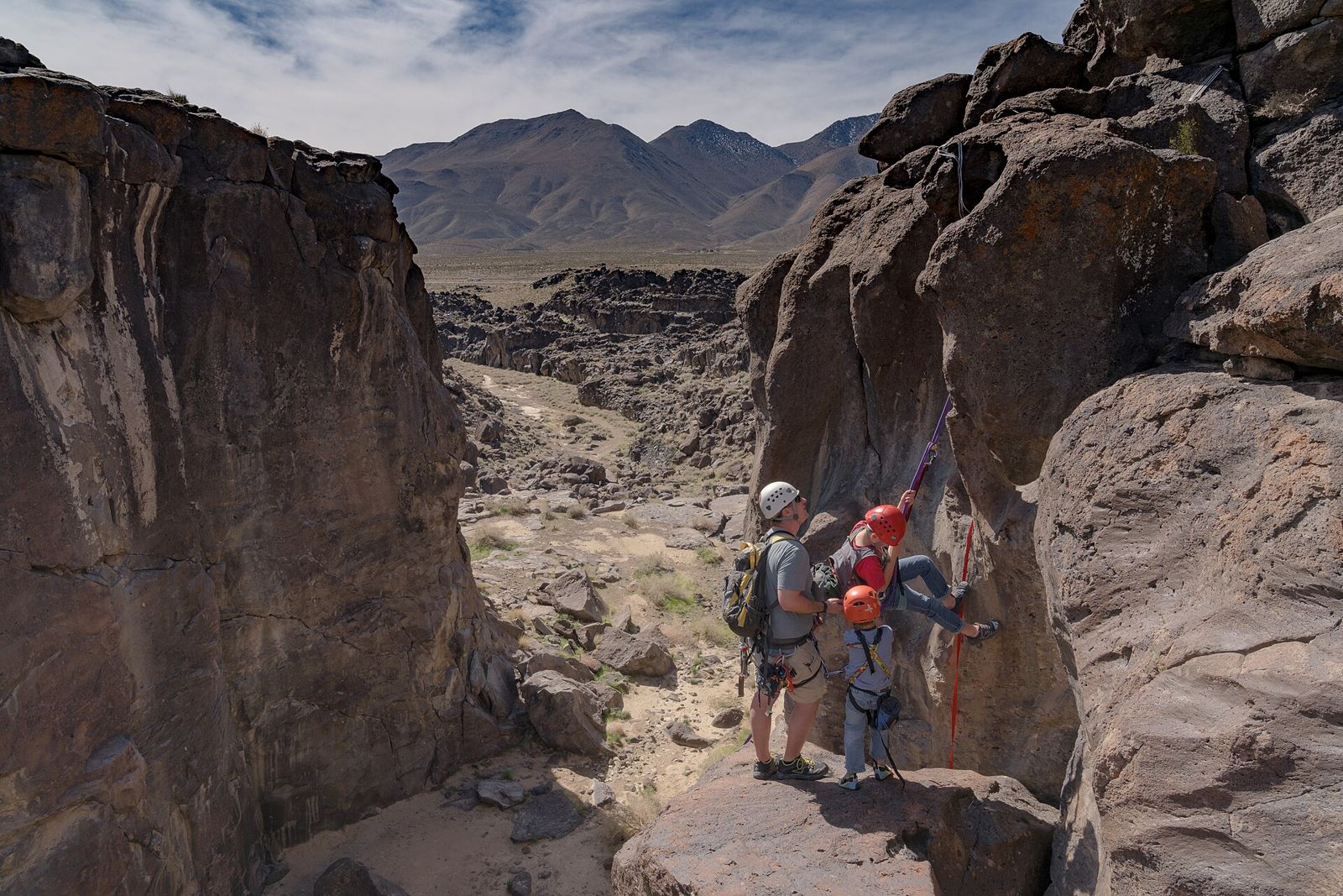 Hikers at Fossil Falls, California